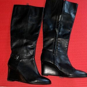 Lauren by Ralph Lauren Black Wedge Leather Boots